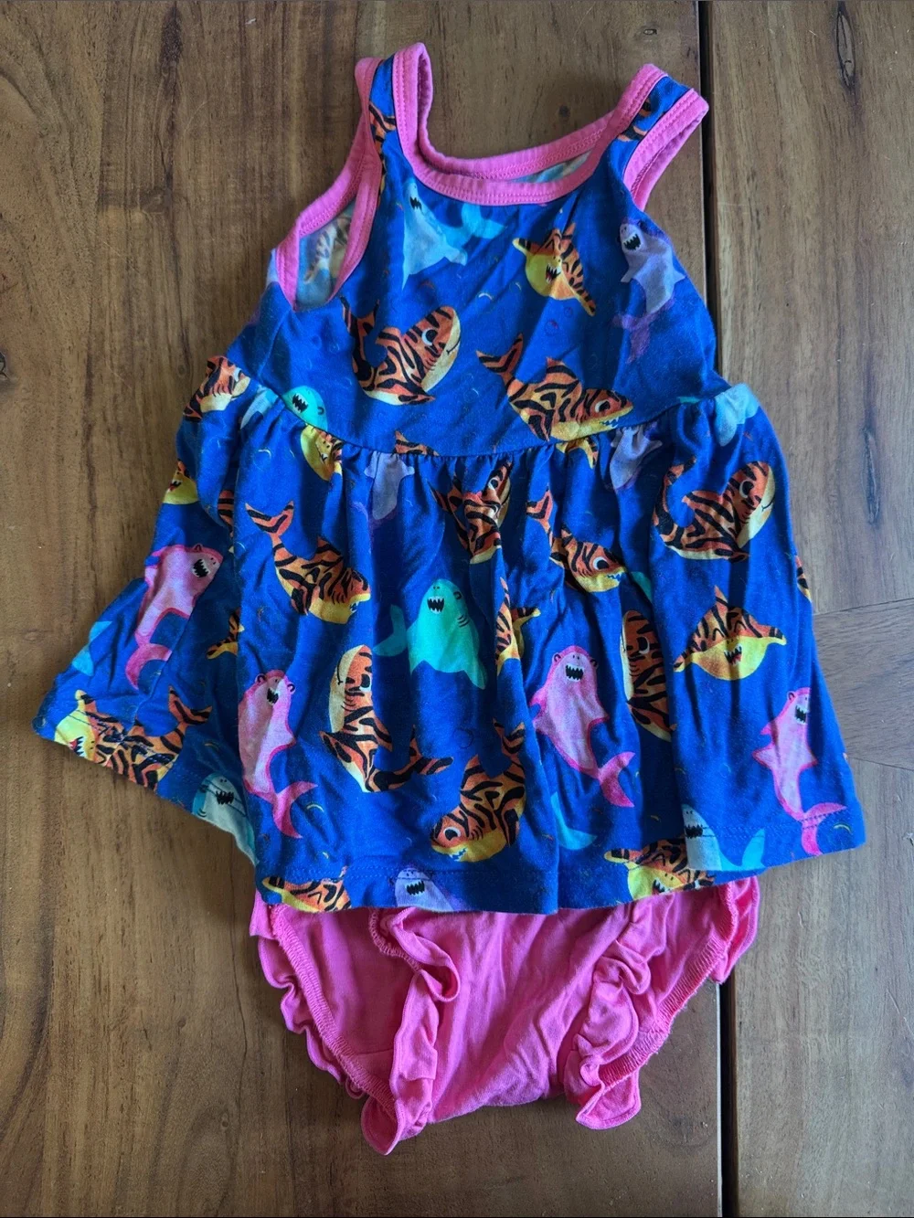 Birdie Bean Shark Print Top & Bloomer Set in Blue and Pink